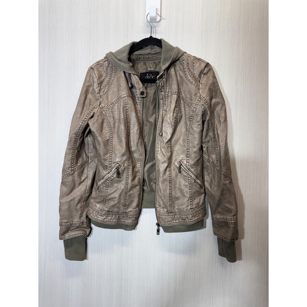 LA Coalition Womens Faux Leather Hooded Bomber Jacket Metallic Taupe Size M